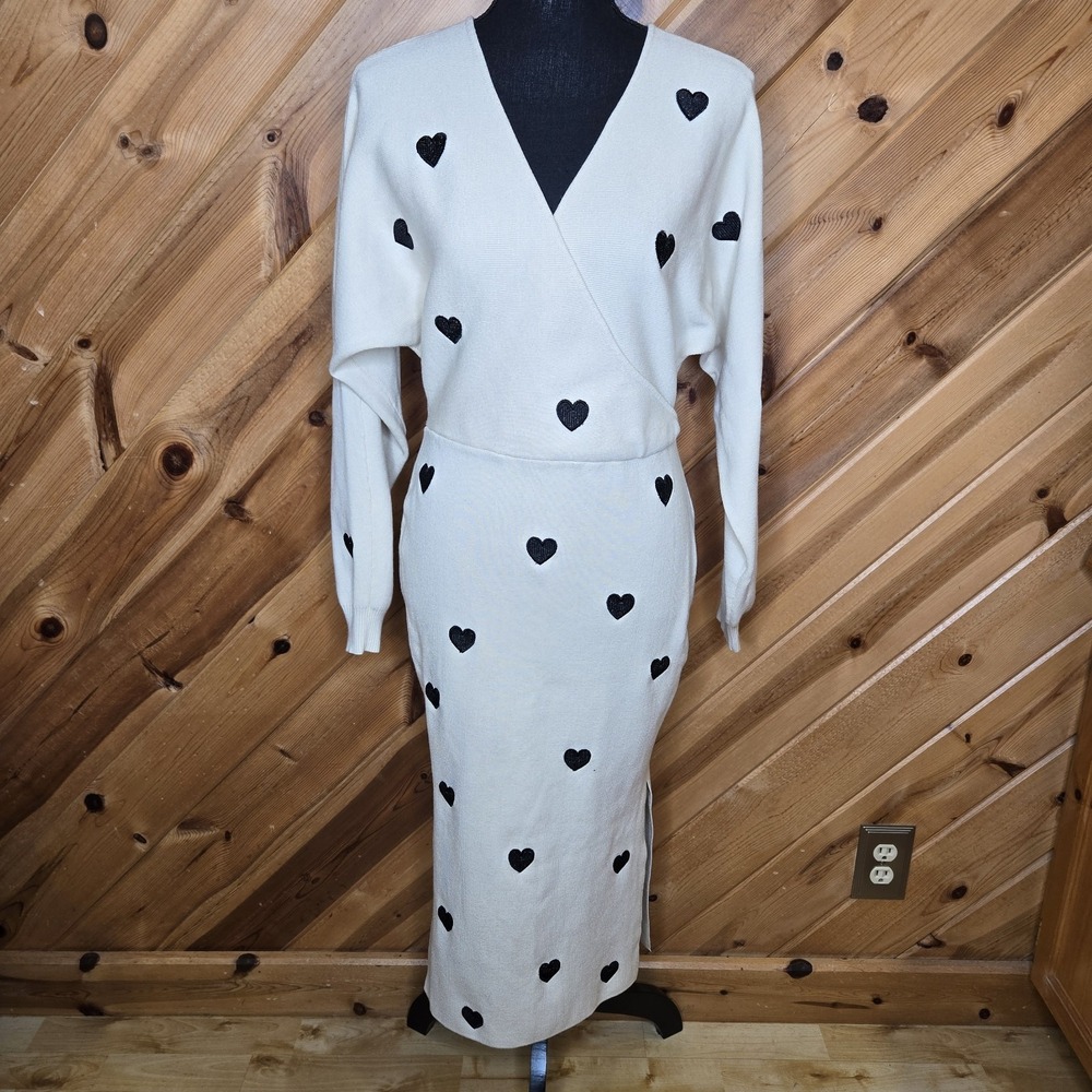 Anne Louise Boutique Cream Heart Jumper Dress Split‎ Hem XS/S Stretch V Neck